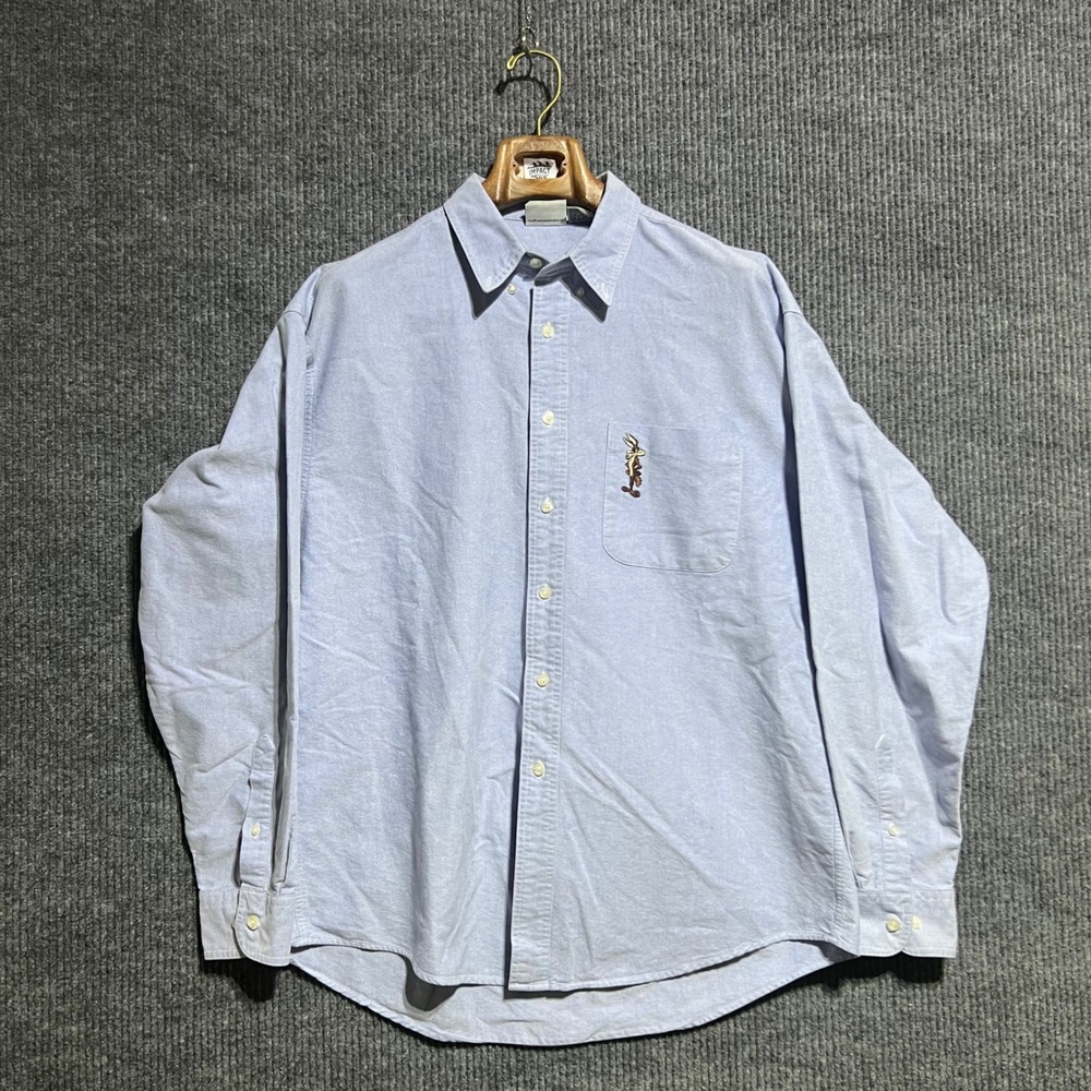 Vintage Looney Tunes Button Down Mens L Blue Wile E Coyote 1995 Oxford Shirt
